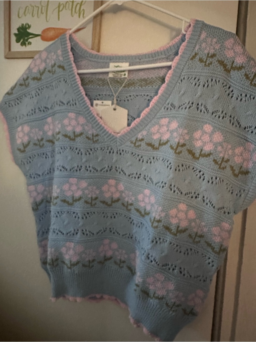 Versona Pastel Blue V-Neck Floral Knit Sweater Vest with Pink Trim